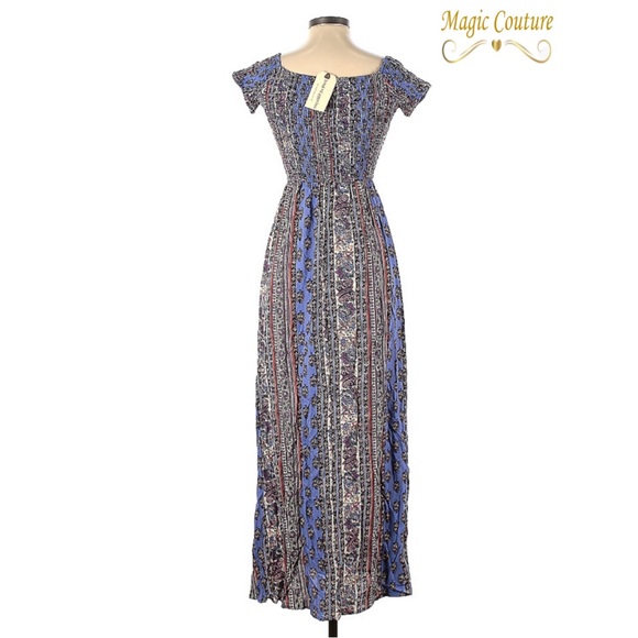 ❌SOLD❌Band of Gypsies Off Shoulder Patchwork Maxi Dress with Pockets💙💜🤍 - Picture 2 of 10